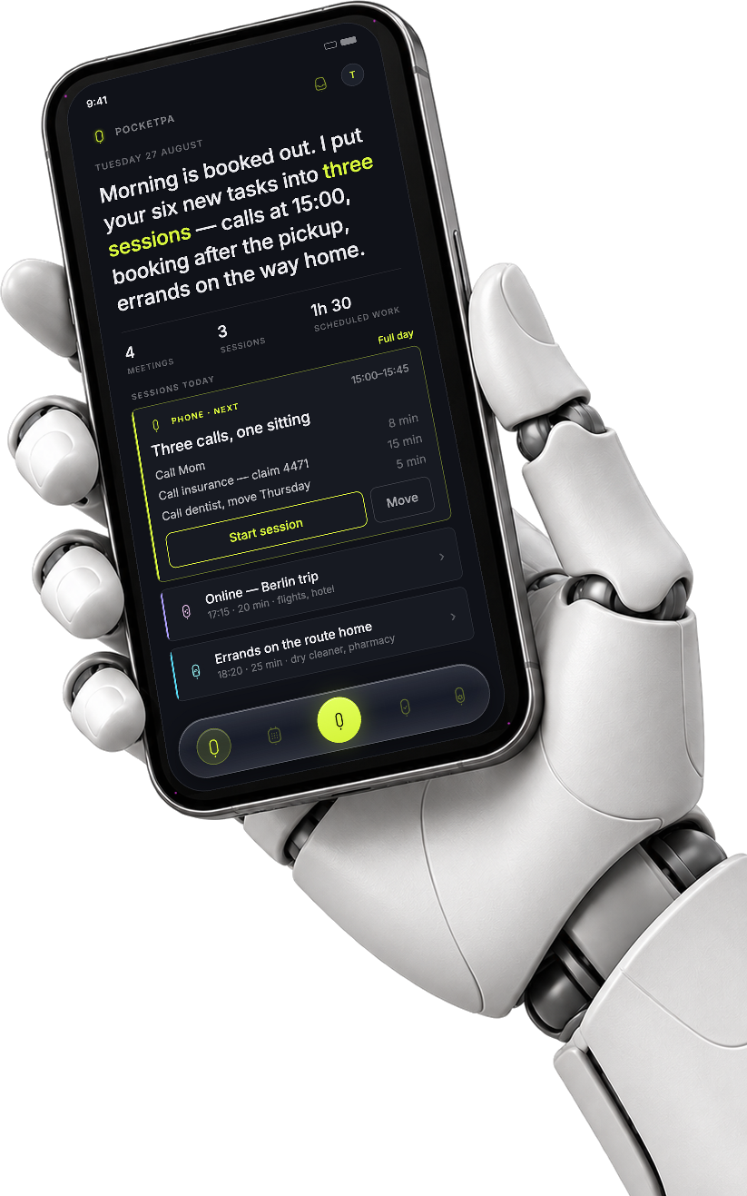 A matte-white robotic hand holding a phone that shows PocketPA's morning briefing.